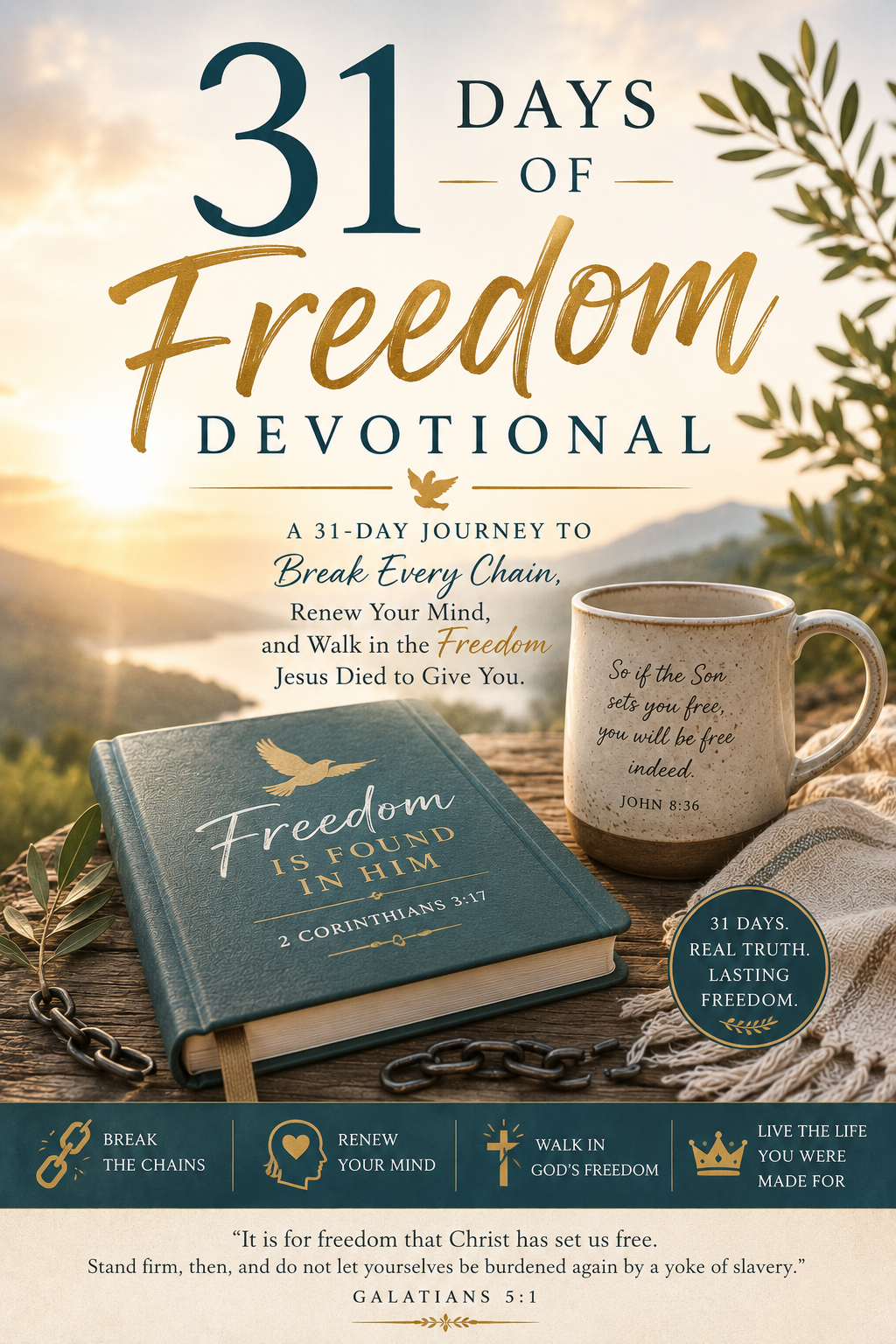 Promotional graphic for a 31-day devotional program titled '31 Days of Freedom Devotional'. The design features a Bible, a coffee mug with scripture, and a chain on a rustic wooden table against a warm, golden background.