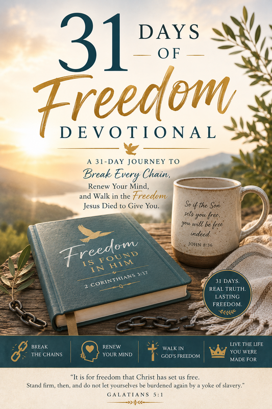Promotional graphic for a 31-day devotional program titled '31 Days of Freedom Devotional'. The design features a Bible, a coffee mug with scripture, and a chain on a rustic wooden table against a warm, golden background.