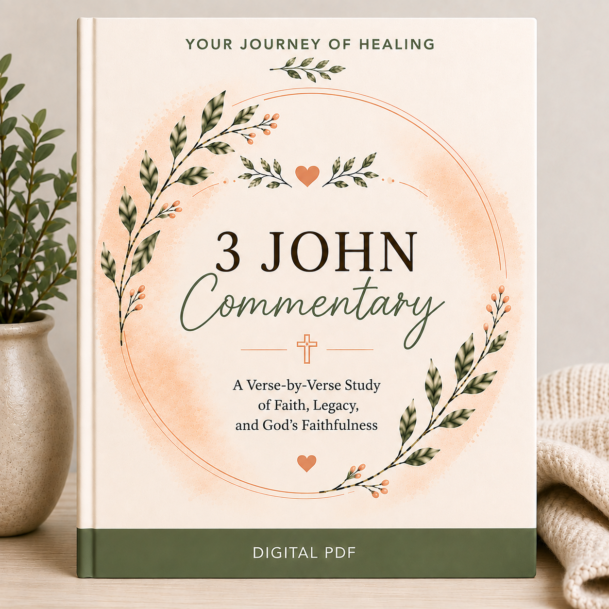 A book-style cover for a digital product titled "3 John Commentary" with decorative green leafy branches and small hearts on a cream background. The cover also reads "Your Journey of Healing" and "Digital PDF.