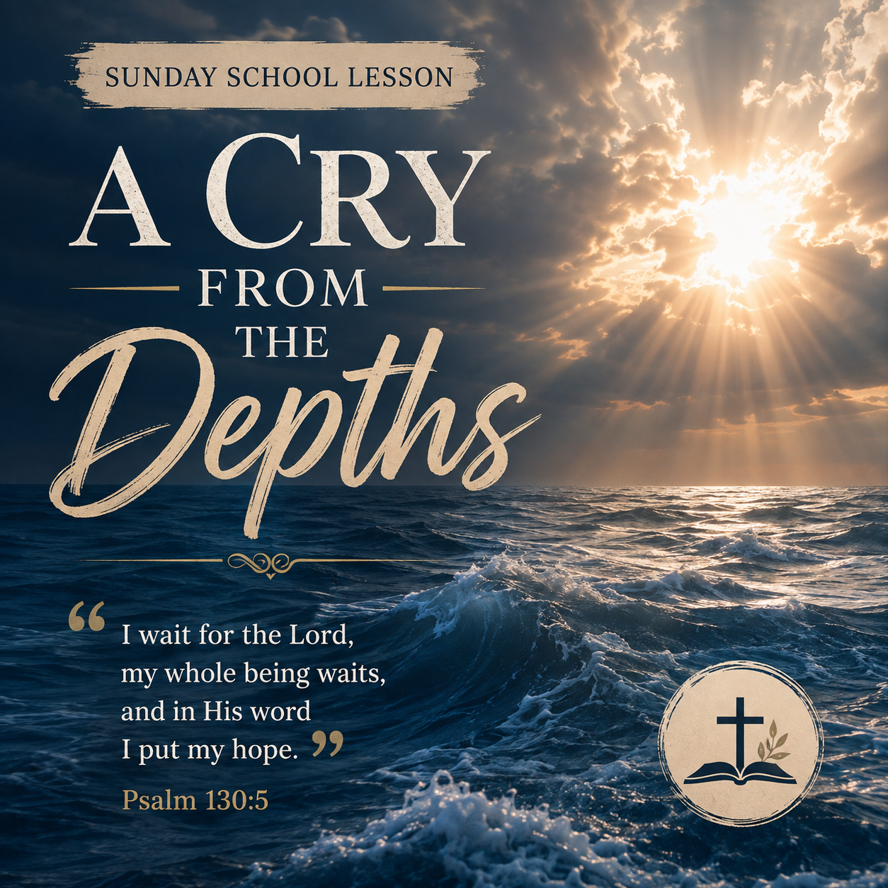 Sunday school lesson cover titled 'A Cry From The Depths' over a dramatic ocean scene with a bright sun breaking through clouds. The design includes a Bible verse from Psalm 130:5 and a circular church emblem with a cross and open book.