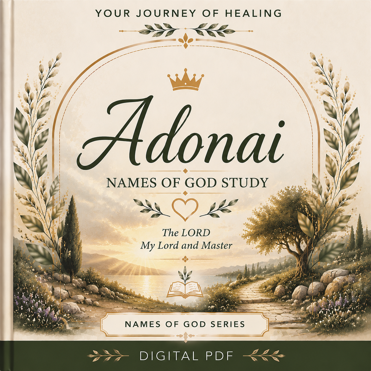 Adonai Names of God Bible Study printable PDF by Your Journey of Healing featuring an elegant botanical cover with a peaceful biblical landscape, titled "The LORD, My Lord and Master," from the Names of God Series.
