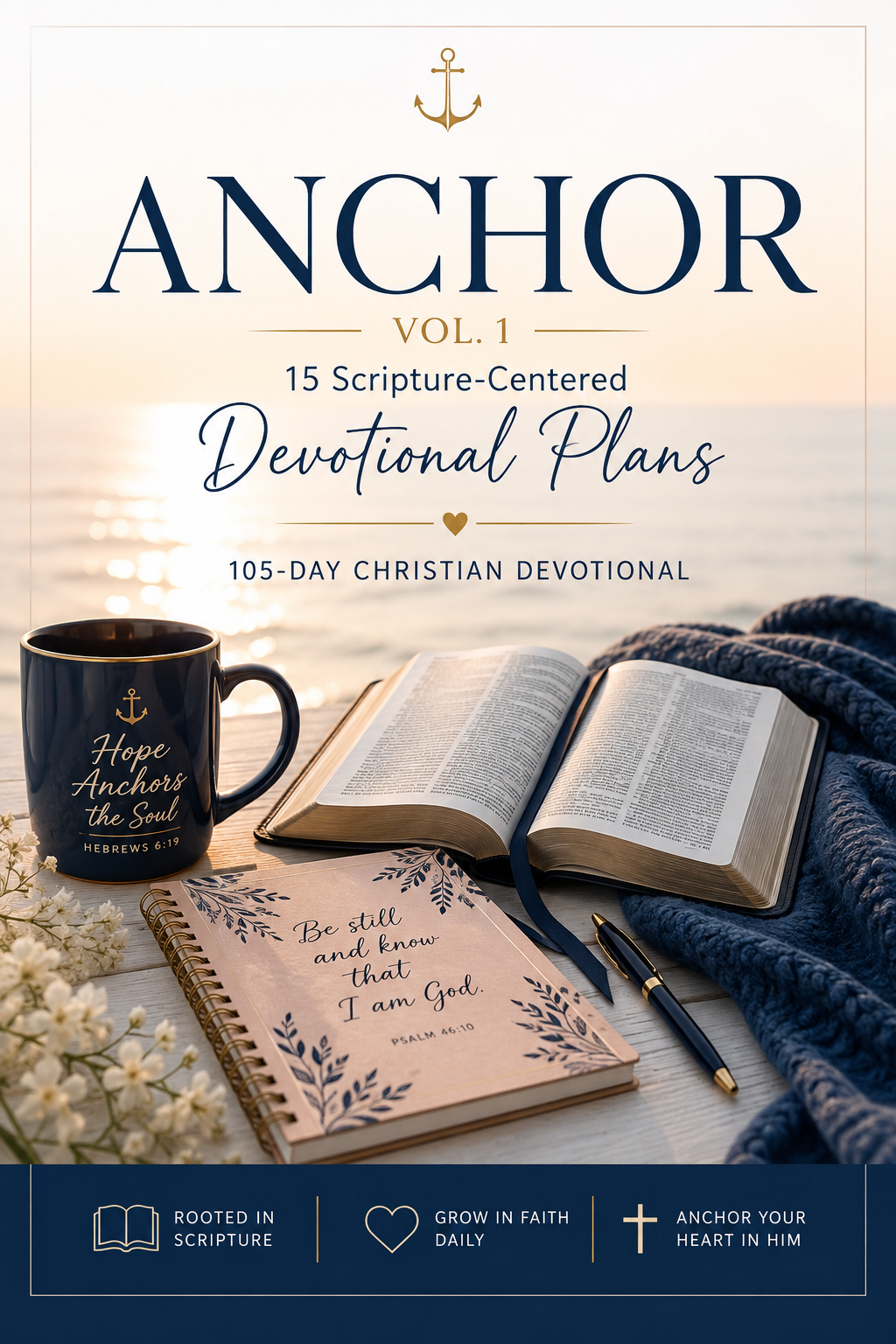 Anchor Volume 1 Christian devotional PDF featuring 15 Scripture-centered devotional plans and 105 days of Bible reading, reflection, prayer, and spiritual growth.