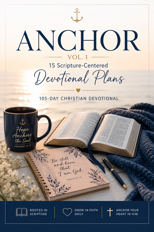 Anchor Volume 1 Christian devotional PDF featuring 15 Scripture-centered devotional plans and 105 days of Bible reading, reflection, prayer, and spiritual growth.