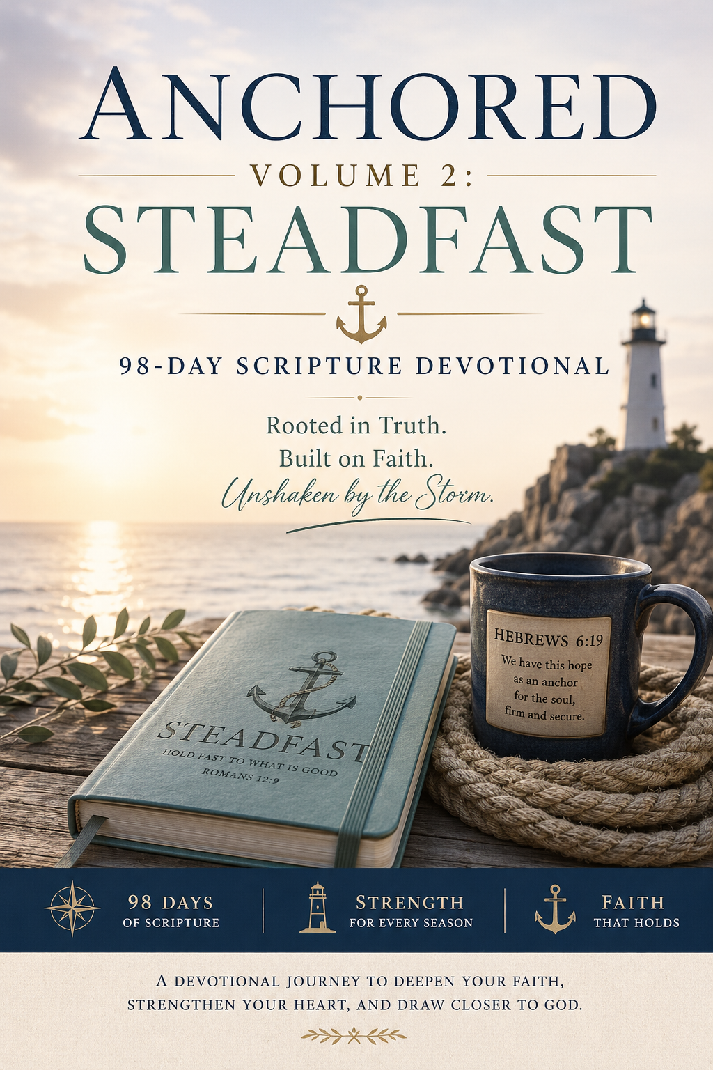 Front cover of the book 'Anchored Volume 2: Steadfast' showing a navy mug with scripture text, a teal devotional book with an anchor emblem, a lighthouse, ocean water, and a warm sunset sky.