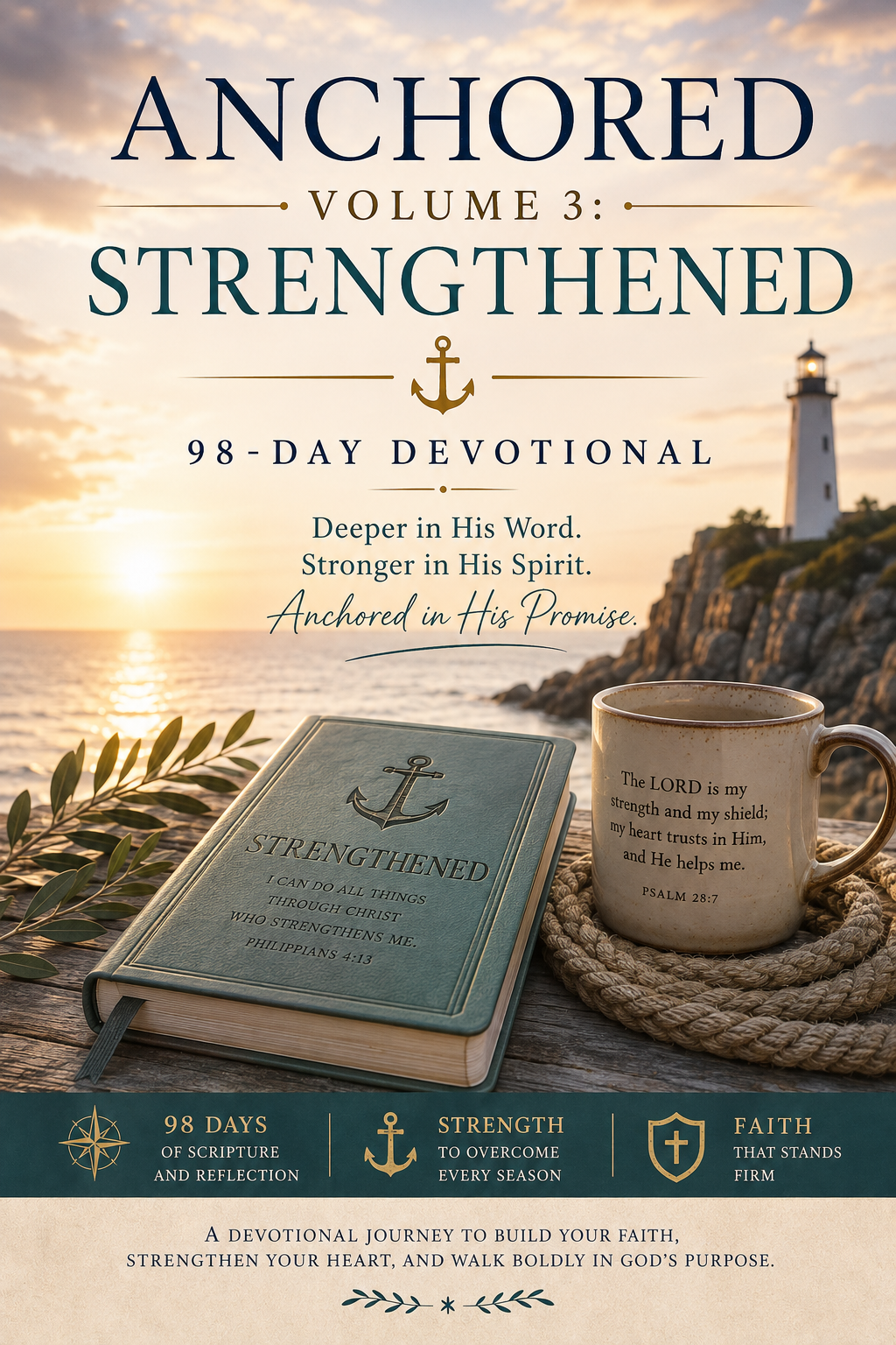 Book cover for 'Anchored Volume 3: Strengthened 98-Day Devotional' featuring a Bible, a mug with a Bible verse, a lighthouse, and coastal scenery at sunset.
