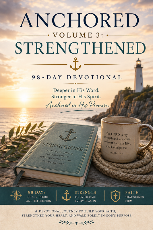 Book cover for 'Anchored Volume 3: Strengthened 98-Day Devotional' featuring a Bible, a mug with a Bible verse, a lighthouse, and coastal scenery at sunset.