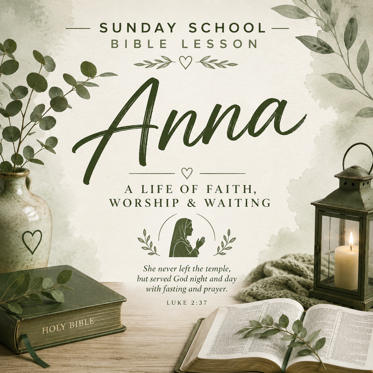 Sunday School Bible Lesson cover titled 'Anna: A Life of Faith, Worship & Waiting' with decorative eucalyptus leaves, a vintage-style Holy Bible, an open book, a candle lantern, and a textured cream background.