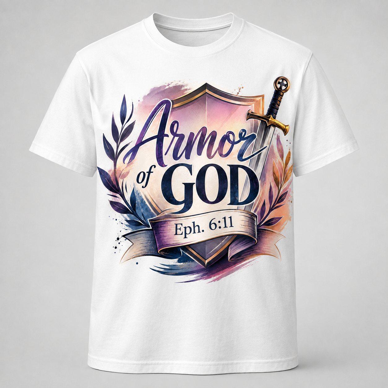 A white short-sleeve crewneck t-shirt with a colorful graphic on the front. The graphic features the text 'Armor of GOD Eph.