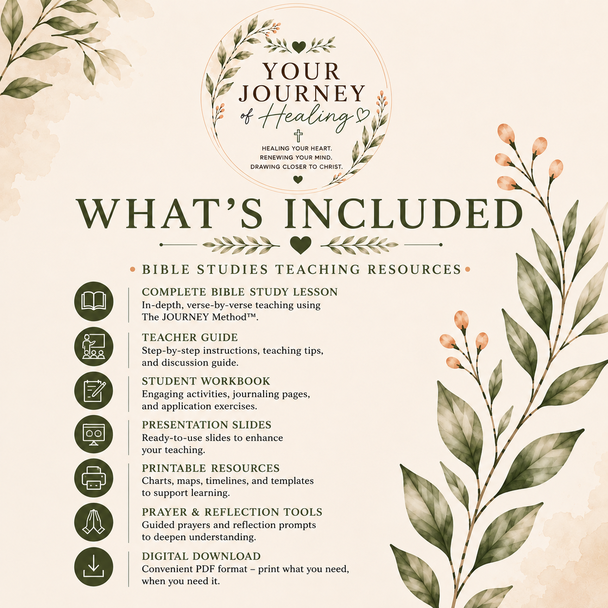 An illustrated product information graphic on a warm cream background with botanical watercolor leaves and branches. Large text reads 'WHAT'S INCLUDED' and 'BIBLE STUDIES TEACHING RESOURCES,' with a circular title 'YOUR JOURNEY of Healing.