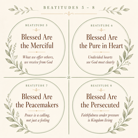 A square decorative print or poster featuring four circular medallion-style panels with biblicalatitude quotes from Beatitude 5 to 8. The design has a warm cream background, dark brown text, and muted green leafy flourishes framing each section.