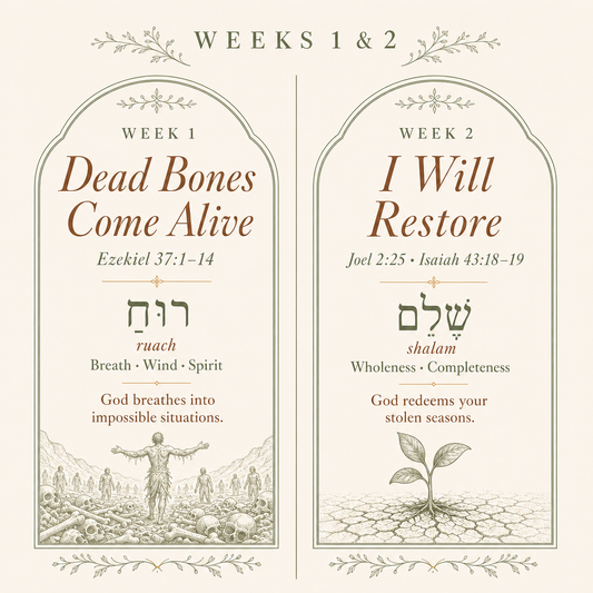 A digital graphic showing a weekly spiritual journal or planner spread for 'Dead Bones Come Alive' and 'I Will Restore', featuring Hebrew and English text, illustrations of a figure and a sprout, and a warm cream background.