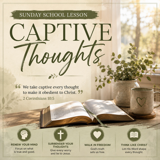 Captive Thoughts Christian Sunday School lesson representing taking every thought captive, renewing the mind with Scripture, biblical truth, and spiritual warfare.