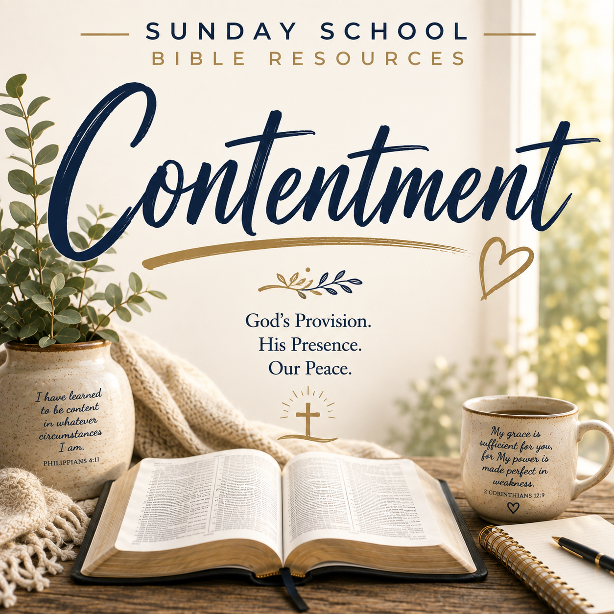 Sunday School Bible Resources contentment study cover featuring an open Bible, a mug with scripture, a notebook, and a knitted blanket on a table, with large text reading 'Contentment' and smaller text 'God's Provision. His Presence.