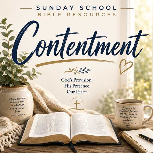 Sunday School Bible Resources contentment study cover featuring an open Bible, a mug with scripture, a notebook, and a knitted blanket on a table, with large text reading 'Contentment' and smaller text 'God's Provision. His Presence.