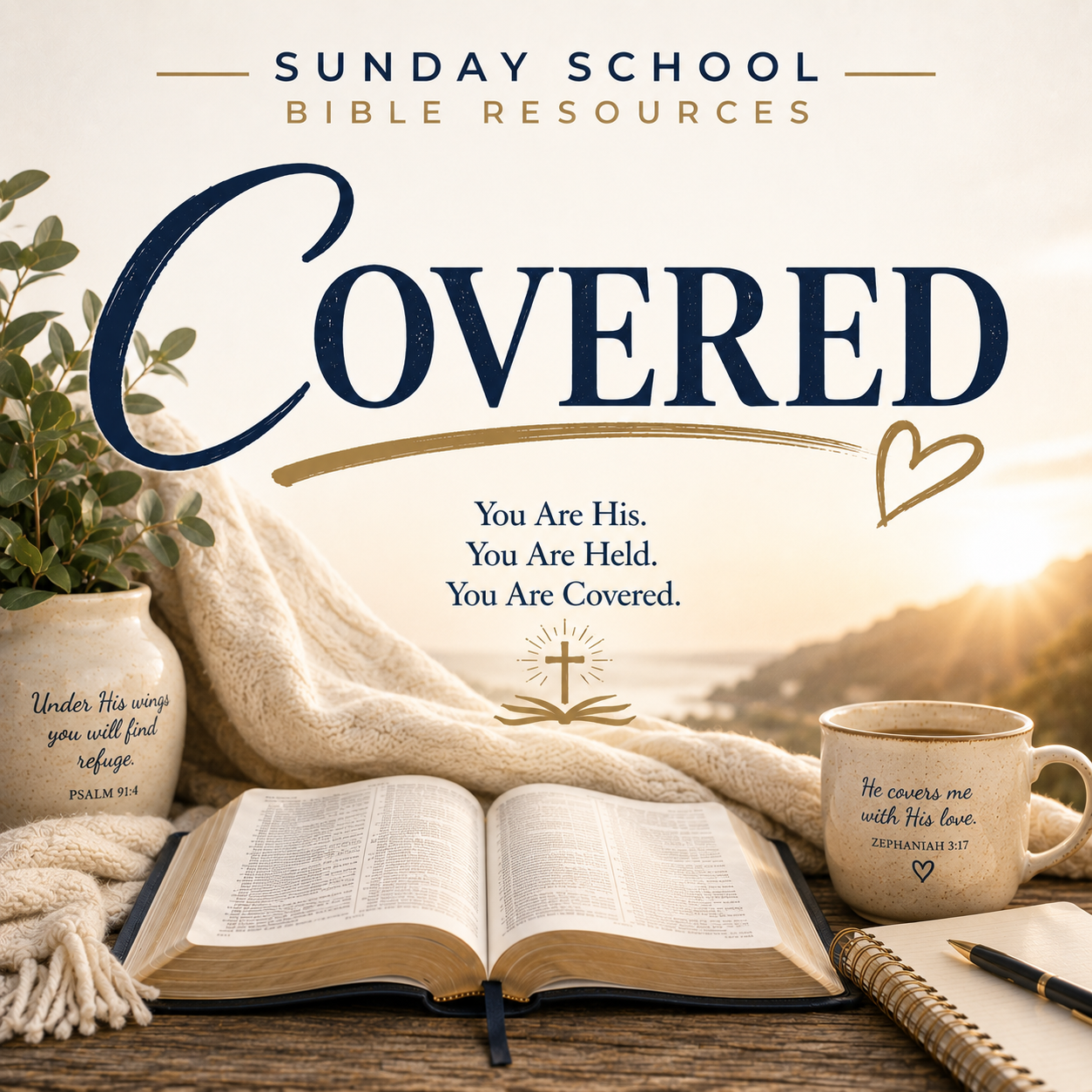 Sunday School Bible Resources 'Covered' Bible resource set featuring an open Bible on a wooden table surrounded by a cream knit blanket, a potted plant, a ceramic mug with scripture, and a notebook, with a scenic sunset background.