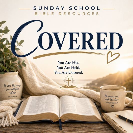 Sunday School Bible Resources 'Covered' Bible resource set featuring an open Bible on a wooden table surrounded by a cream knit blanket, a potted plant, a ceramic mug with scripture, and a notebook, with a scenic sunset background.