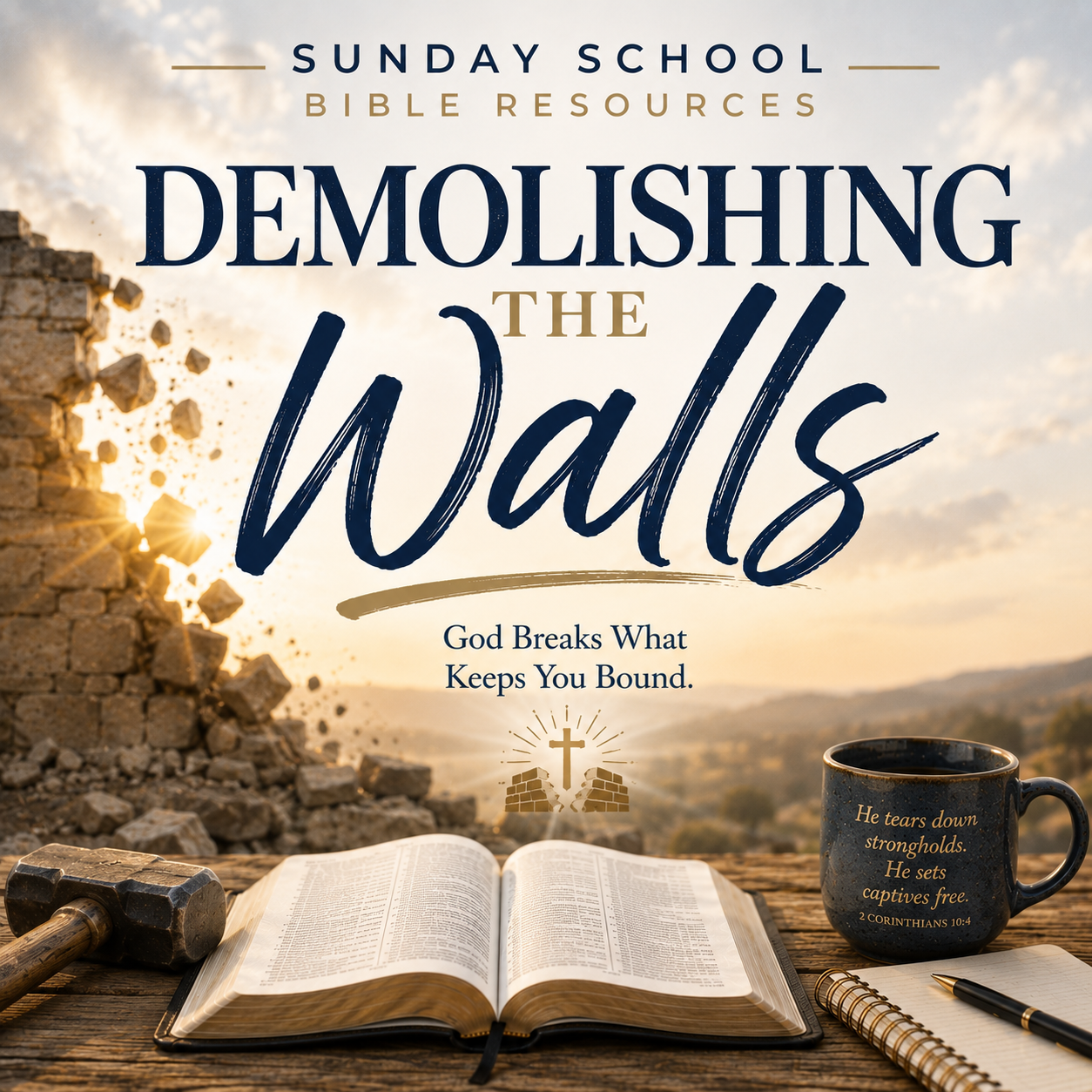 Sunday School Bible Resources book cover titled 'Demolishing the Walls' with the subtitle 'God Breaks What Keeps You Bound.' The cover shows a Bible, hammer, notebook, and coffee mug on a wooden surface in front of a sunset scene with collapsing stone walls.