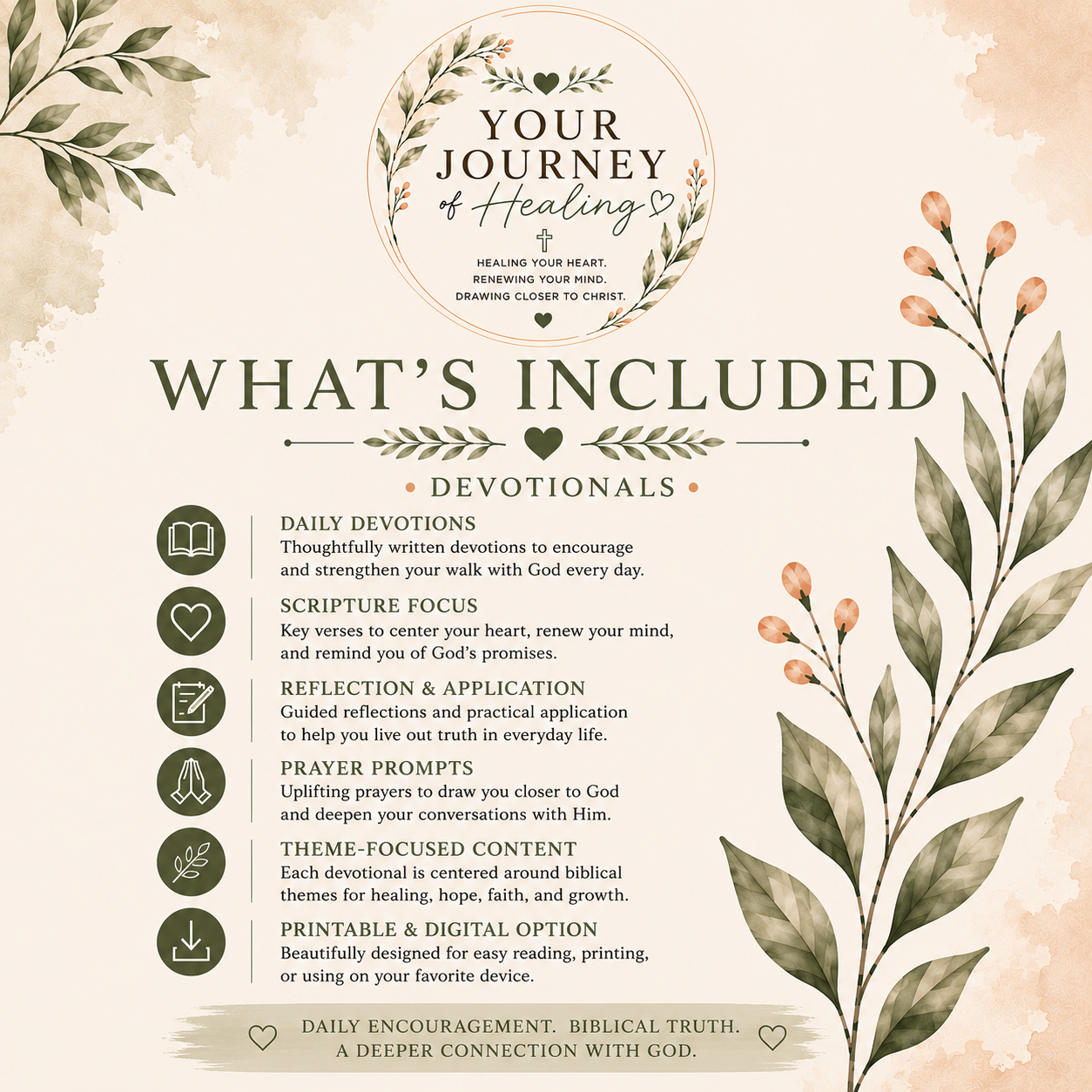 A digital promotional graphic for a devotional booklet titled 'Your Journey of Healing'. The design features a warm beige background with watercolor textures, green botanical illustrations, and a list detailing the included contents: daily devotions, scripture focus, reflection & application, prayer prompts, and theme-focused content.
