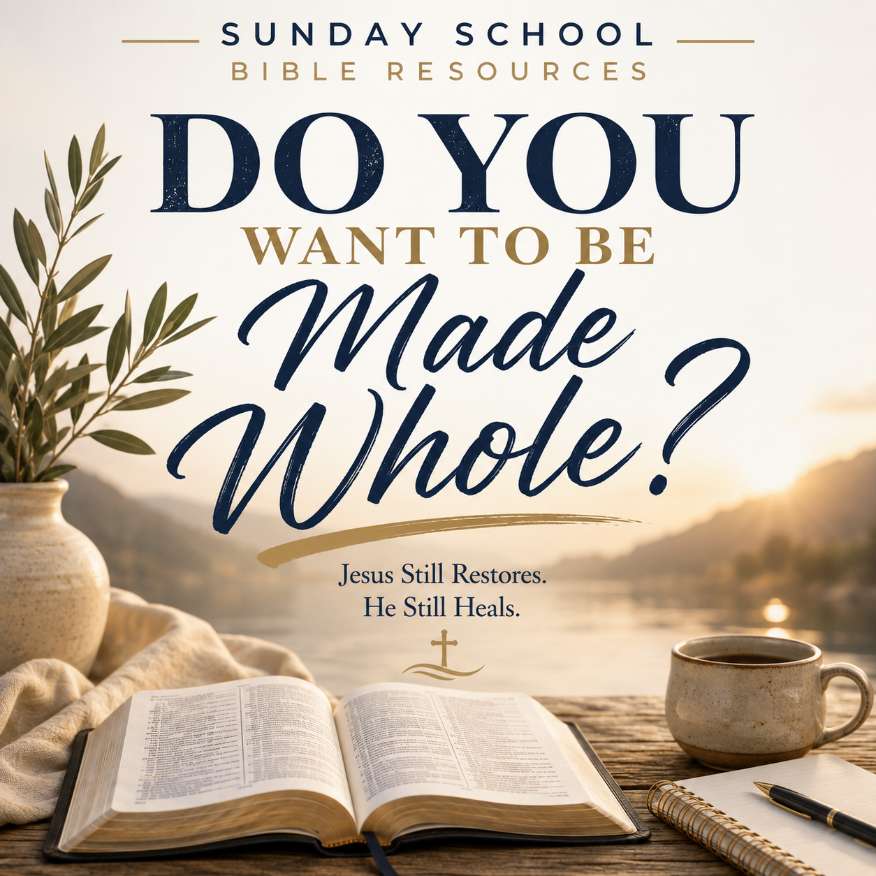 Sunday School Bible Resources promotional graphic with the text 'DO YOU WANT TO BE Made Whole?' over a scenic sunset background, with an open Bible, cup of coffee, notebook, and pen on a wooden table.