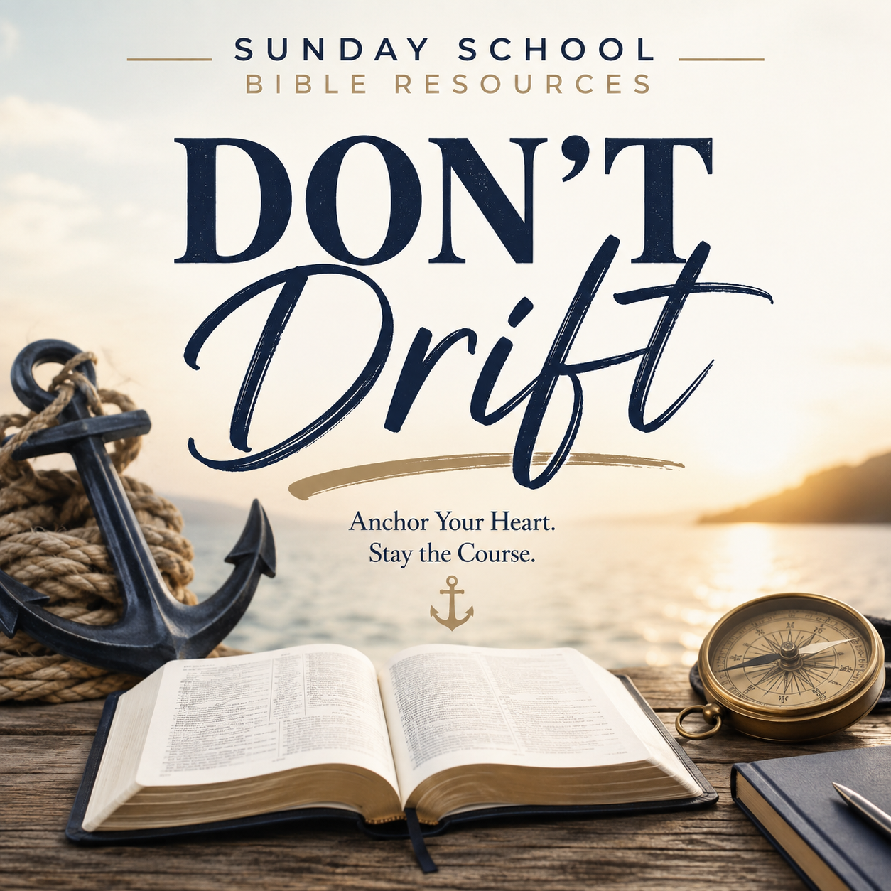 Sunday School Bible Resources graphic for 'Don't Drift' with the subtitle 'Anchor Your Heart. Stay the Course.