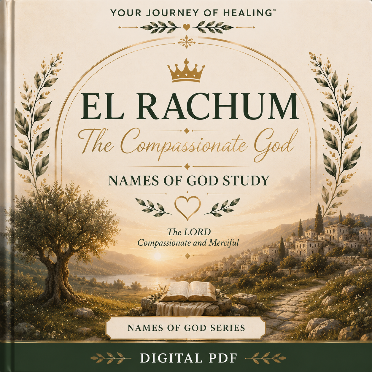 El Rachum (The Compassionate God) printable Bible study by Your Journey of Healing featuring an elegant botanical cover with a peaceful sunrise landscape, olive tree, open Bible, and winding path, symbolizing God's mercy, compassion, steadfast love, and faithful care as part of the Names of God Series.