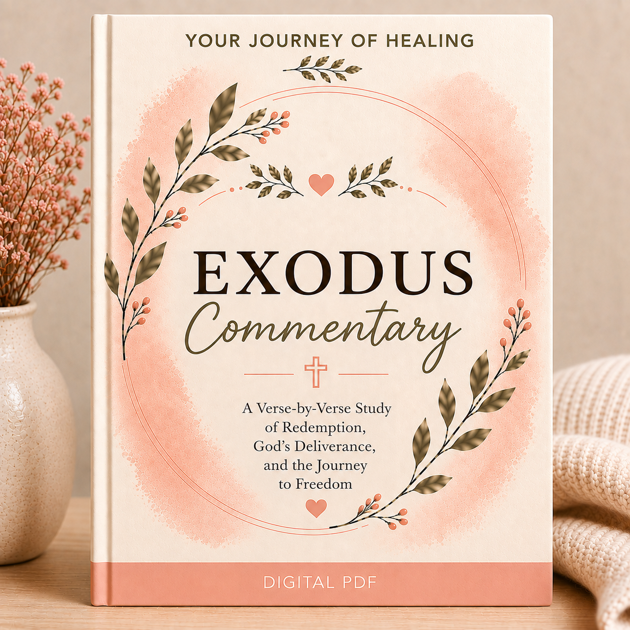 A book-style cover for "Exodus Commentary" shown upright on a tabletop with a vase of dried flowers and a knitted textile in the background. The cover has a warm cream base, a soft peach watercolor circle, botanical leaf illustrations, and black text reading "Your Journey of Healing," "EXODUS Commentary," and "Digital PDF.