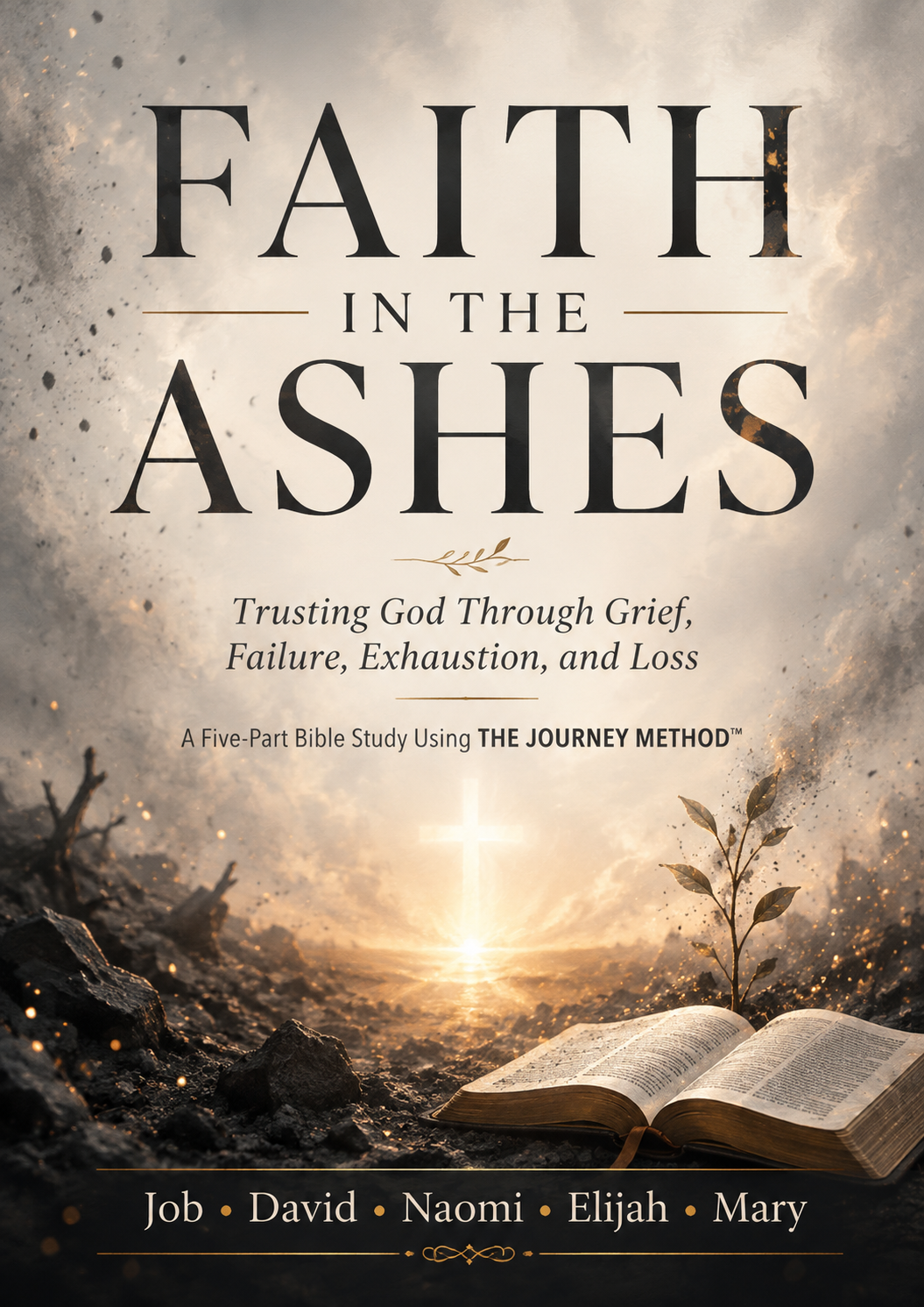 Book cover for 'Faith in the Ashes' featuring a dramatic scene of a burning landscape with an open Bible in the foreground and a bright sunburst at the horizon. The title is displayed in large, bold serif text at the top, with subtitle text and author names listed at the bottom.