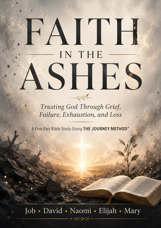 Book cover for 'Faith in the Ashes' featuring a dramatic scene of a burning landscape with an open Bible in the foreground and a bright sunburst at the horizon. The title is displayed in large, bold serif text at the top, with subtitle text and author names listed at the bottom.