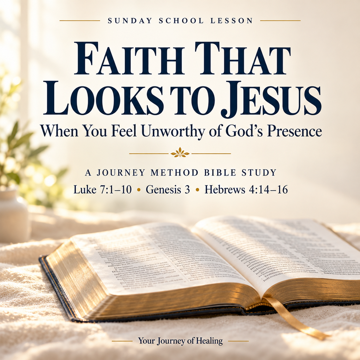 Square Bible study cover with an open Bible in warm sunlight, cream background, and navy and gold lettering. The title reads “Faith That Looks to Jesus: When You Feel Unworthy of God’s Presence,” with Luke 7:1–10, Genesis 3, and Hebrews 4:14–16 listed below.