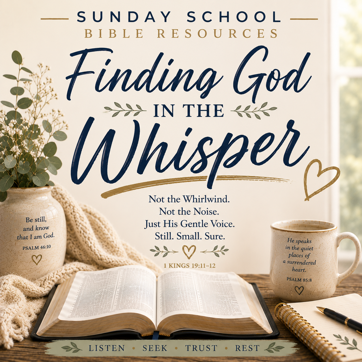 Sunday School Bible Resources book cover titled 'Finding God in the Whisper' with an open Bible, mug with scripture, notebook, and decorative text on a warm neutral background.