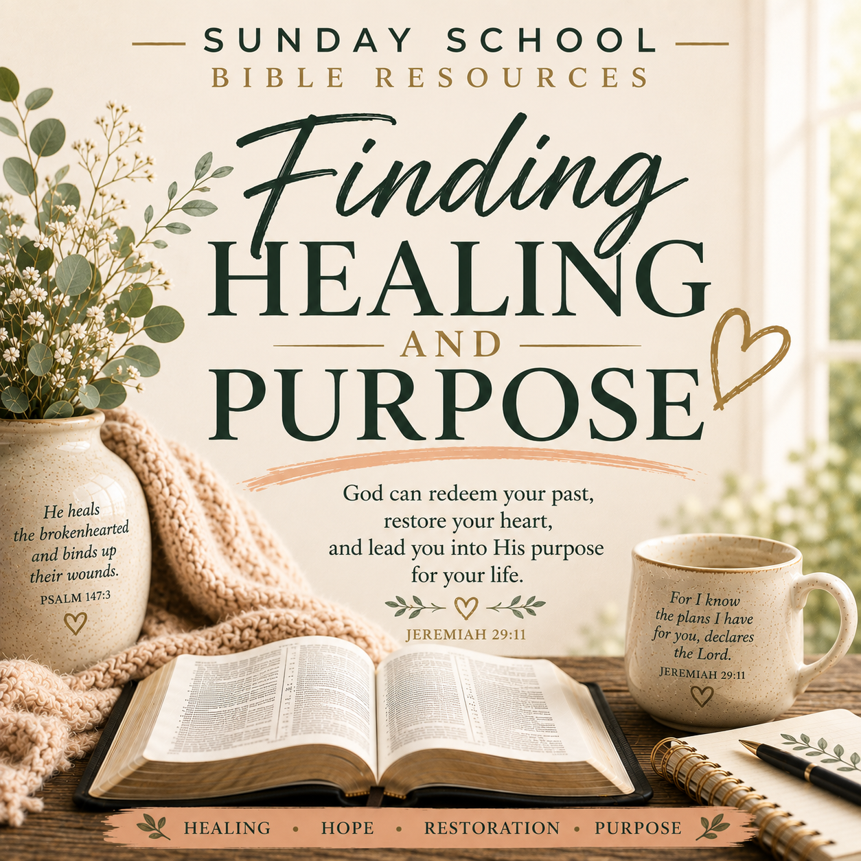 Finding Healing and Purpose Sunday School Bible lesson PDF exploring biblical healing, restoration, identity in Christ, spiritual growth, and discovering God’s purpose after difficult seasons.
