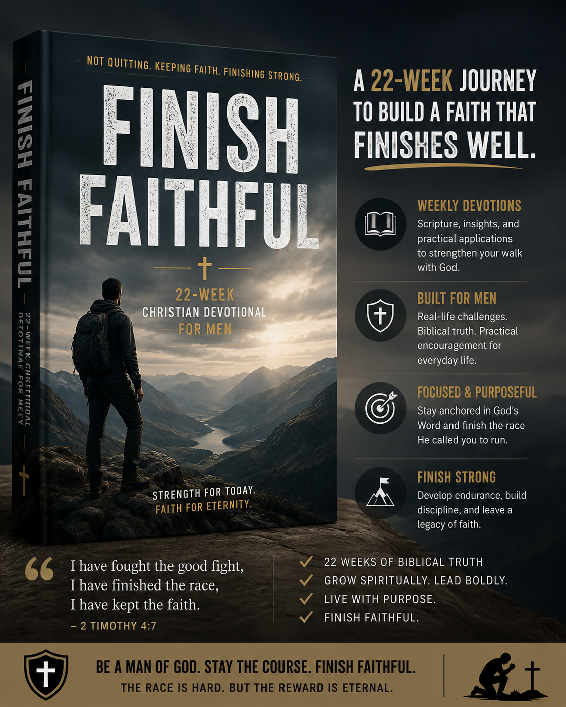 A promotional graphic for a 22-week Christian devotional book titled 'Finish Faithful'. The image shows a 3D book cover mockup on the left, featuring a man hiking through a mountain range under a cloudy sky, with bold white text reading 'FINISH FAITHFUL'.
