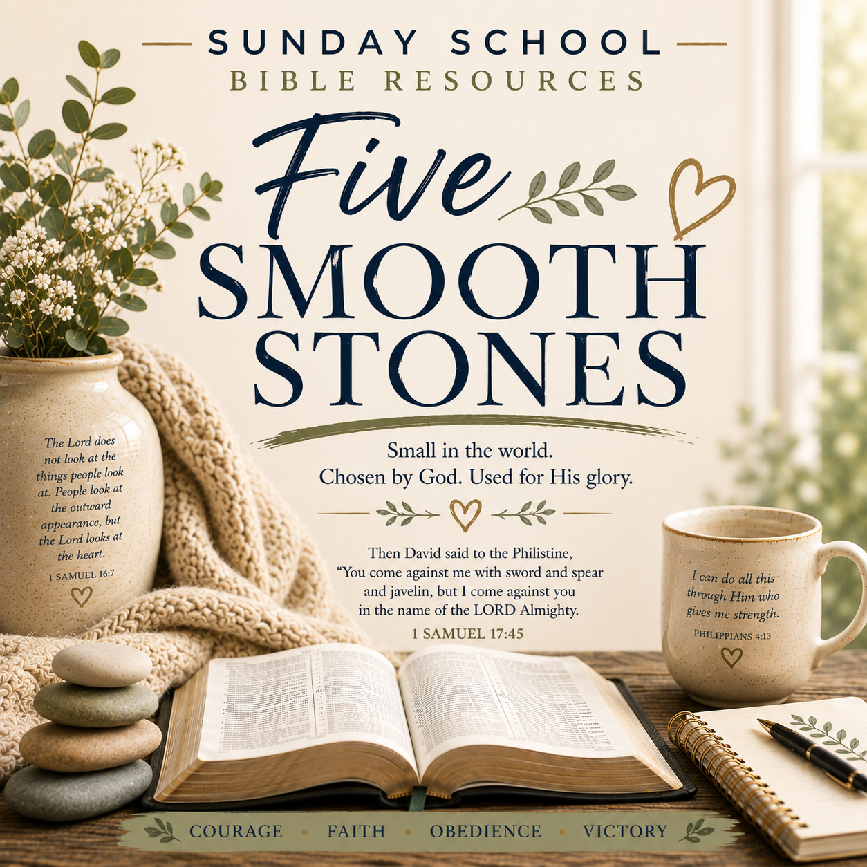 Five Smooth Stones Sunday School Bible lesson PDF based on David and Goliath in 1 Samuel 17, exploring courage, faith, preparation, and trusting God.
