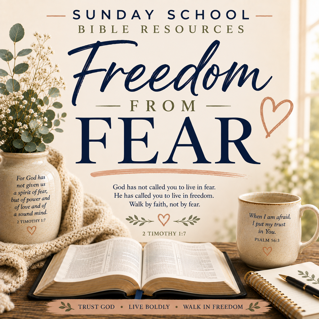 Freedom From Fear Sunday School Bible lesson PDF exploring faith over fear, trusting God, biblical courage, God’s presence, and spiritual growth.