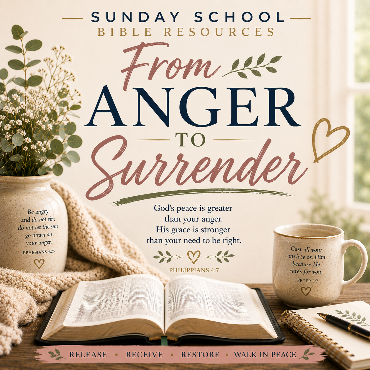From Anger to Surrender Sunday School Bible lesson PDF exploring biblical anger, emotional healing, forgiveness, self-control, and surrendering difficult emotions to God.