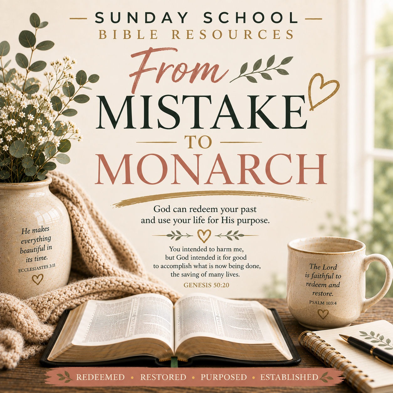 From Mistake to Monarch Sunday School Bible lesson PDF exploring David’s mistakes, repentance, restoration, spiritual growth, and God’s redemptive purpose.