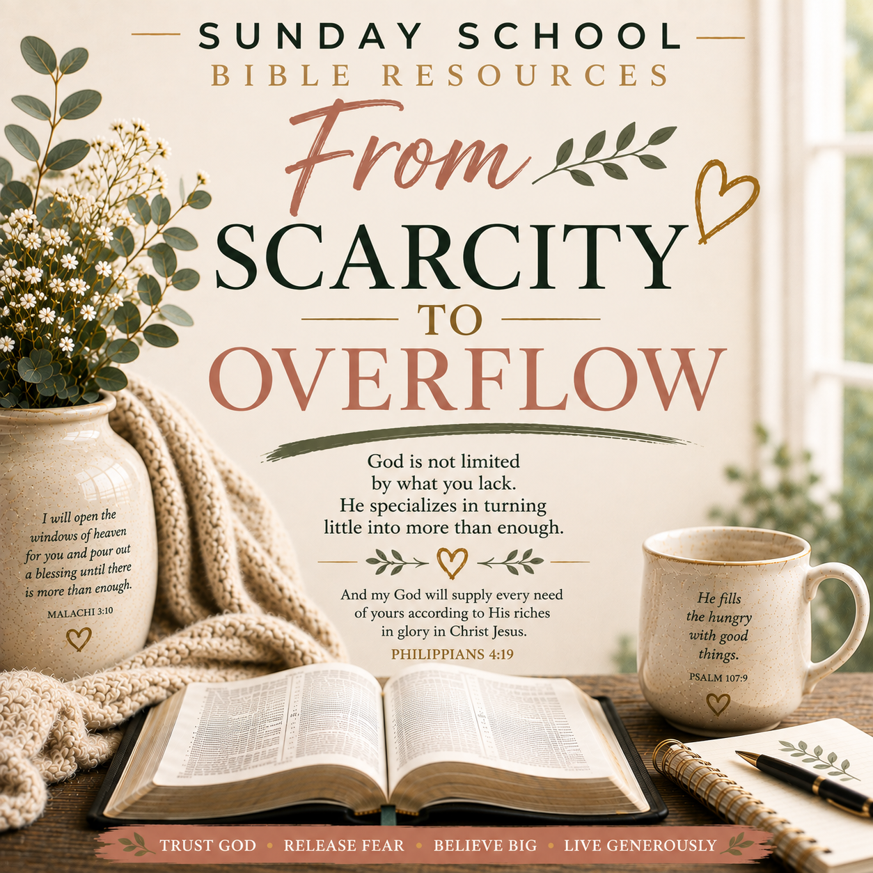 From Scarcity to Overflow Sunday School Bible lesson PDF exploring God’s provision, faith, gratitude, generosity, and trusting God when resources seem insufficient.