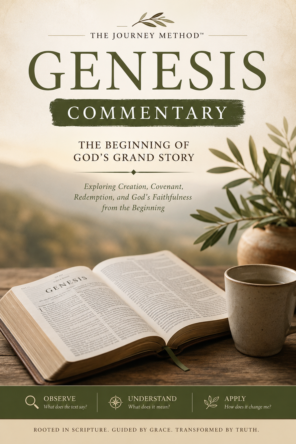 Book cover for 'Genesis Commentary: The Beginning of God's Grand Story' by The Journey Method, featuring an open Bible on a wooden table with a ceramic mug and a potted plant in a softly lit setting.