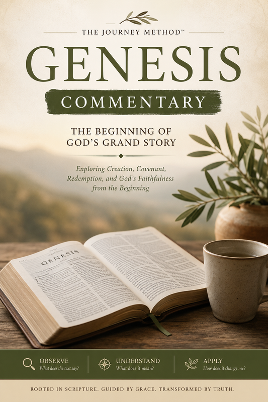 Book cover for 'Genesis Commentary: The Beginning of God's Grand Story' by The Journey Method, featuring an open Bible on a wooden table with a ceramic mug and a potted plant in a softly lit setting.