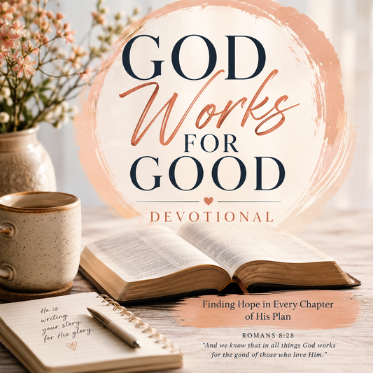A styled devotional book cover or digital cover art reading “God Works for Good Devotional” with an open Bible, notebook, pen, mug, and flowers on a wooden surface. The design uses a peach circular brushstroke background with navy and peach typography.
