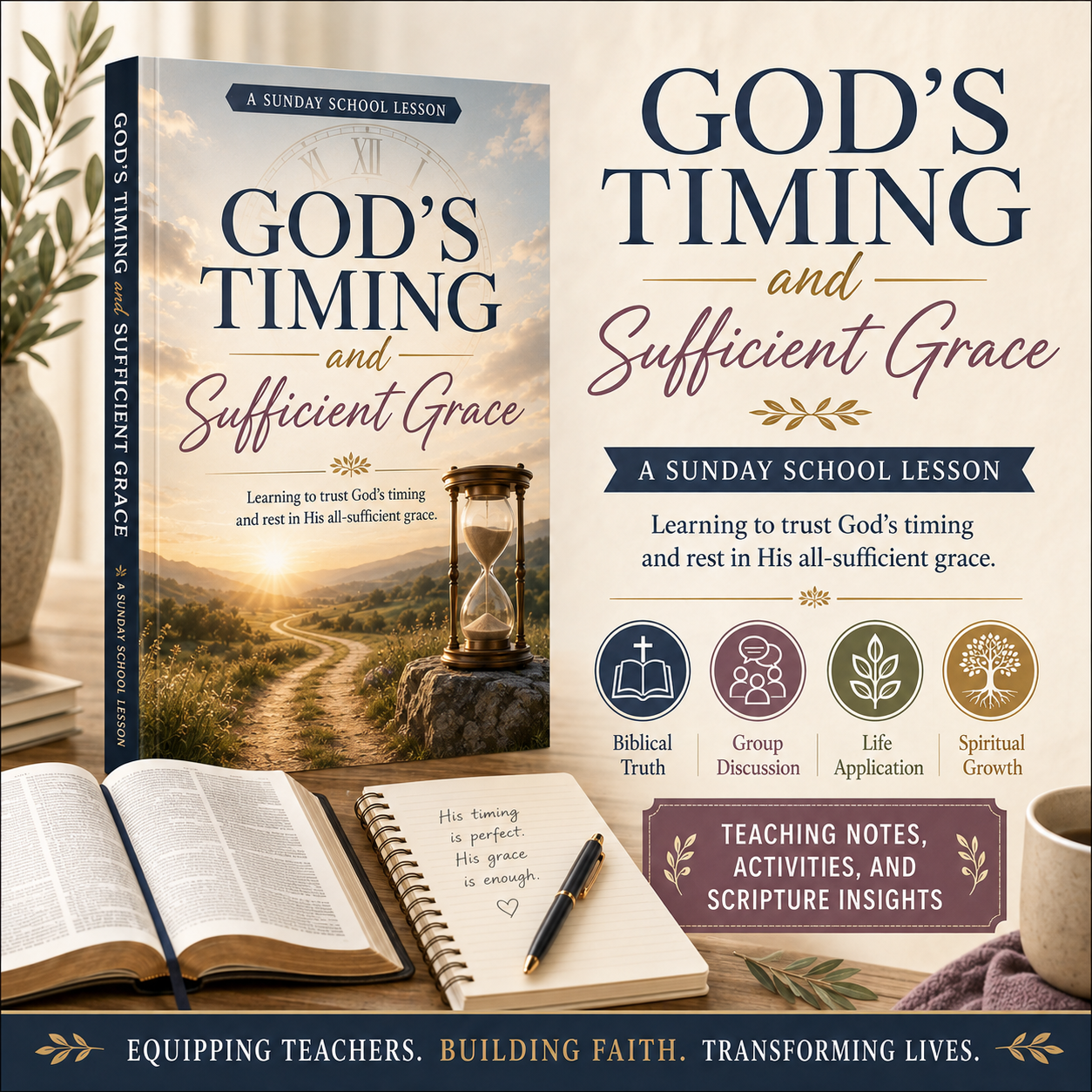 God’s Timing and Sufficient Grace Sunday School Bible lesson PDF exploring waiting on God, unanswered prayer, weakness, trusting His timing, and 2 Corinthians 12:9.