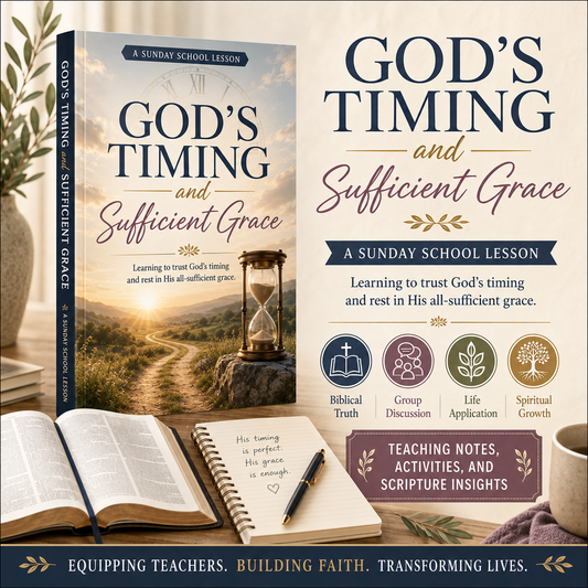 God’s Timing and Sufficient Grace Sunday School Bible lesson PDF exploring waiting on God, unanswered prayer, weakness, trusting His timing, and 2 Corinthians 12:9.