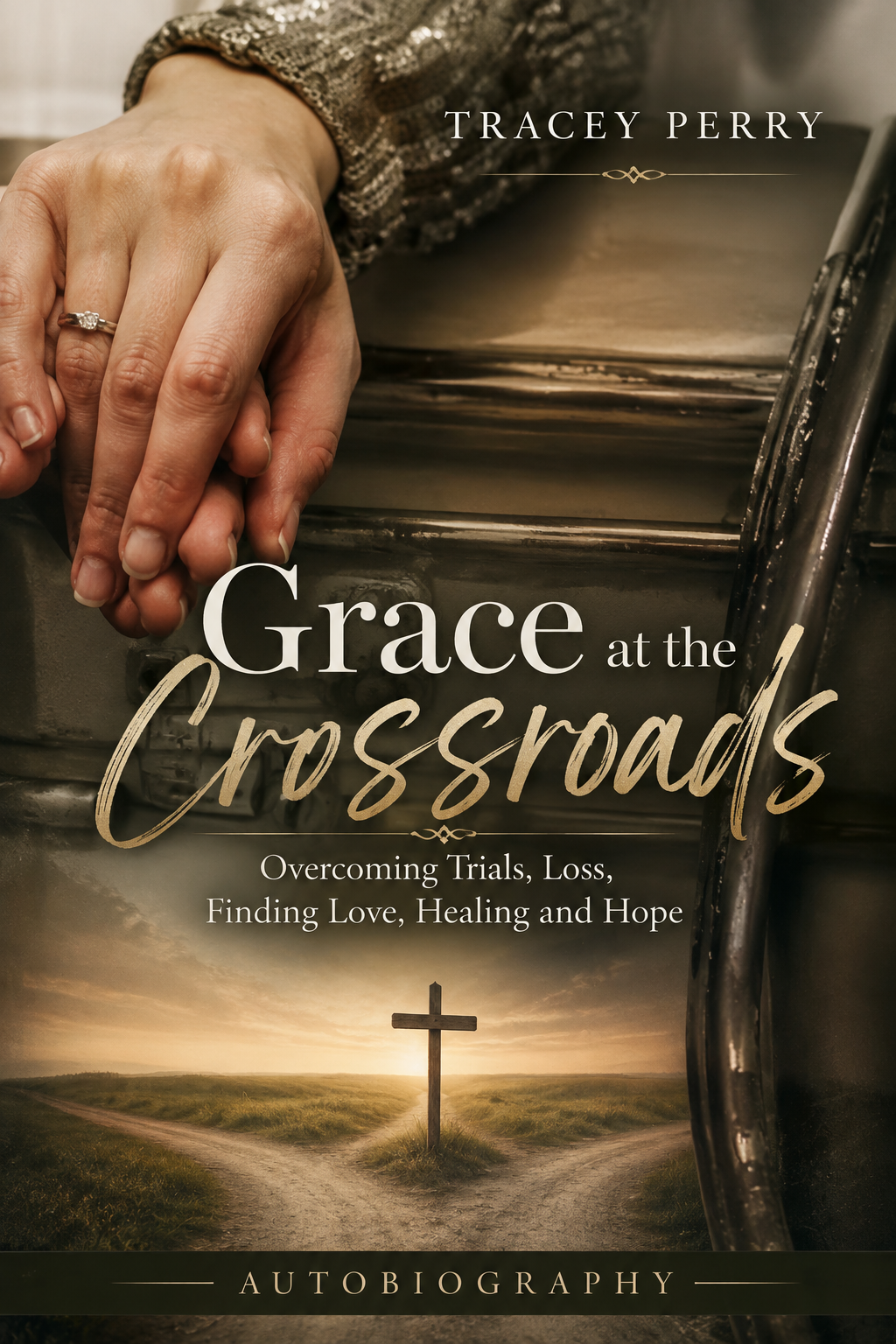 Book cover for 'Grace at the Crossroads' by Tracey Perry, featuring clasped hands resting on a wooden surface, a cross on a road at sunset, and the title in large white and gold lettering.
