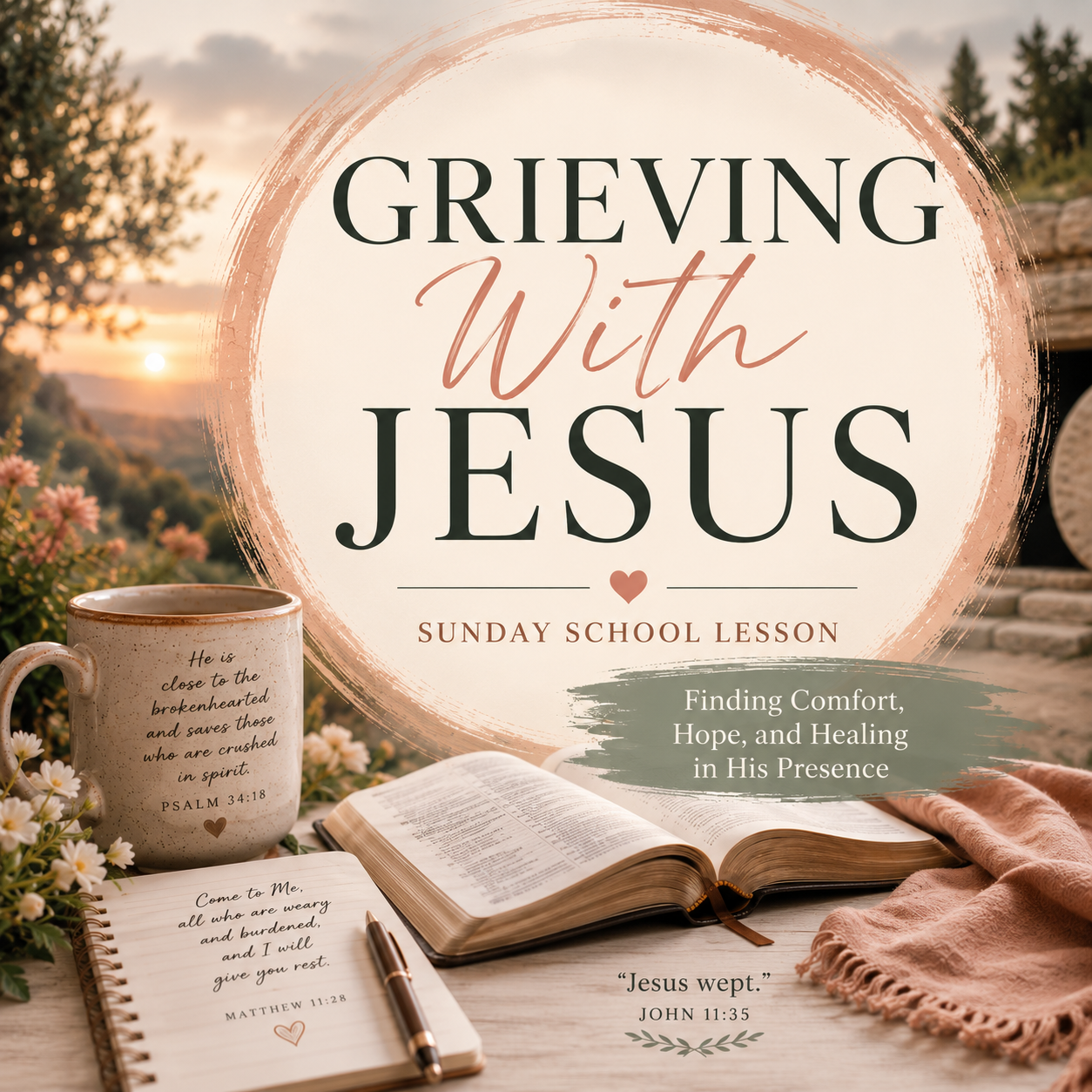 Grieving with Jesus Sunday School Bible lesson PDF exploring Christ’s compassion, biblical grief, lament, comfort, loss, and resurrection hope.