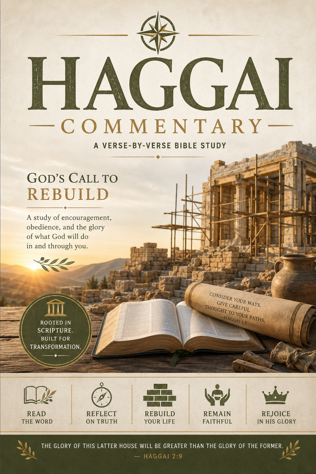 Haggai Bible Commentary digital PDF featuring an Old Testament study of rebuilding, spiritual priorities, obedience, God’s presence, restoration, and faithfulness.