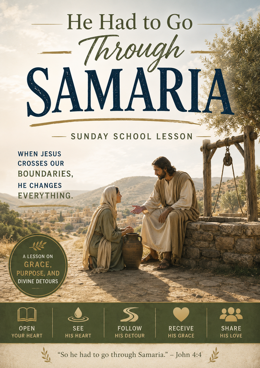 Sunday School Lesson book cover titled 'He Had to Go Through SAMARIA' with a biblical scene of Jesus and an woman by a stone well, plus text and icons along the bottom.