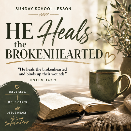Sunday school lesson cover titled 'HE Heals the BROKENHEARTED' with a Bible open on a table, a green mug, a potted olive branch, and a circular badge reading 'JESUS SEES. JESUS CARES.
