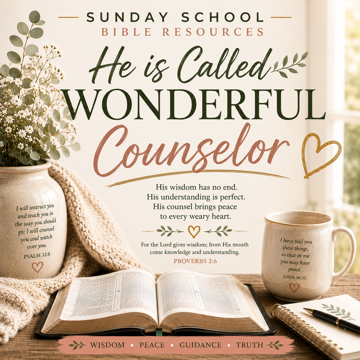 He Is Called Wonderful Counselor Christian devotional PDF based on Isaiah 9:6, exploring Jesus Christ as our source of divine wisdom, guidance, truth, and peace.