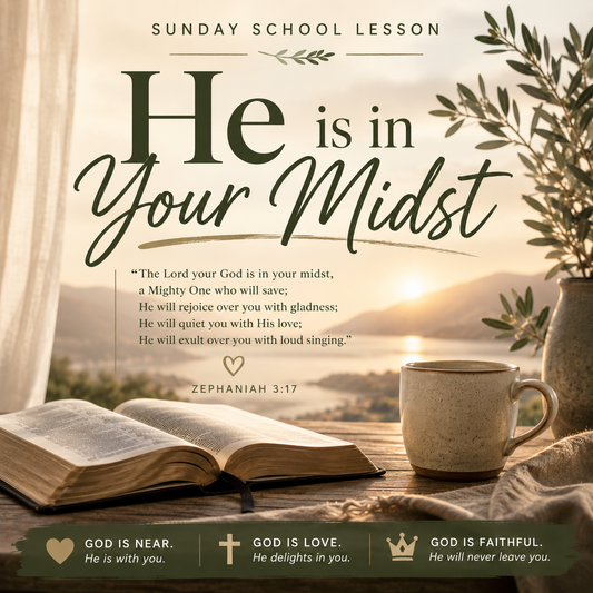 Sunday School Lesson poster featuring the Bible verse Zephaniah 3:17 'He is in Your Midst' in large dark green script. The background shows a warm, sunlit window scene with an open book, a ceramic mug, and olive branches.