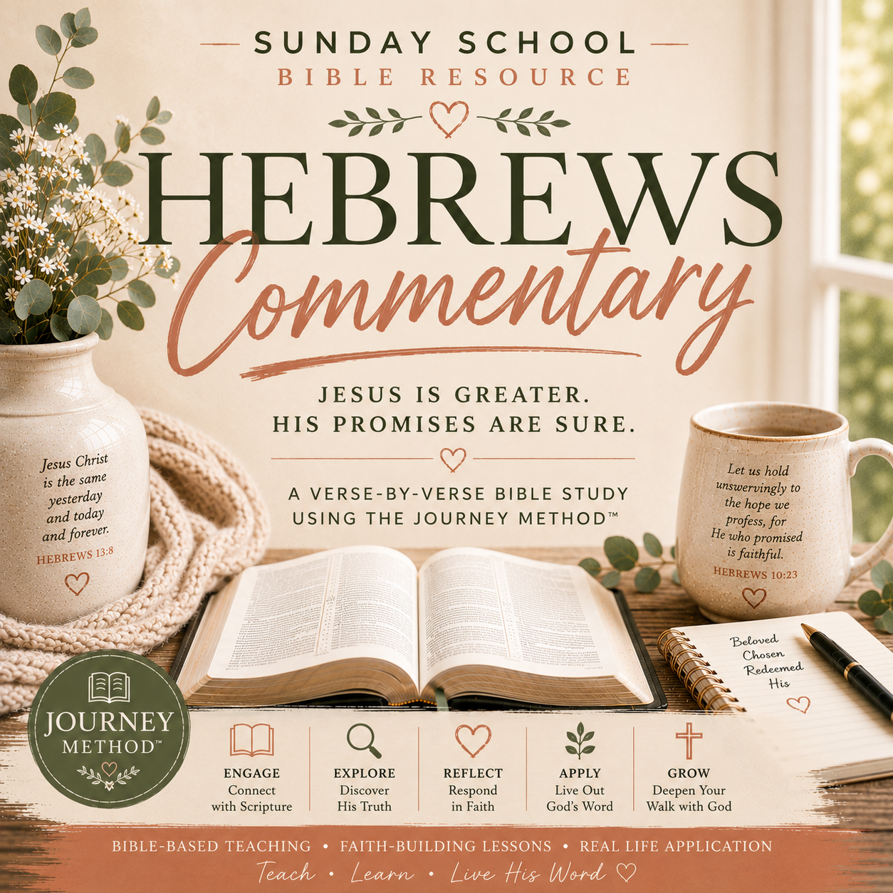 Sunday School Bible Resource cover for 'Hebrews Commentary' using the Journey Method, featuring a warm beige background with an open Bible, ceramic mugs with Bible verses, and a decorative banner listing key learning outcomes.